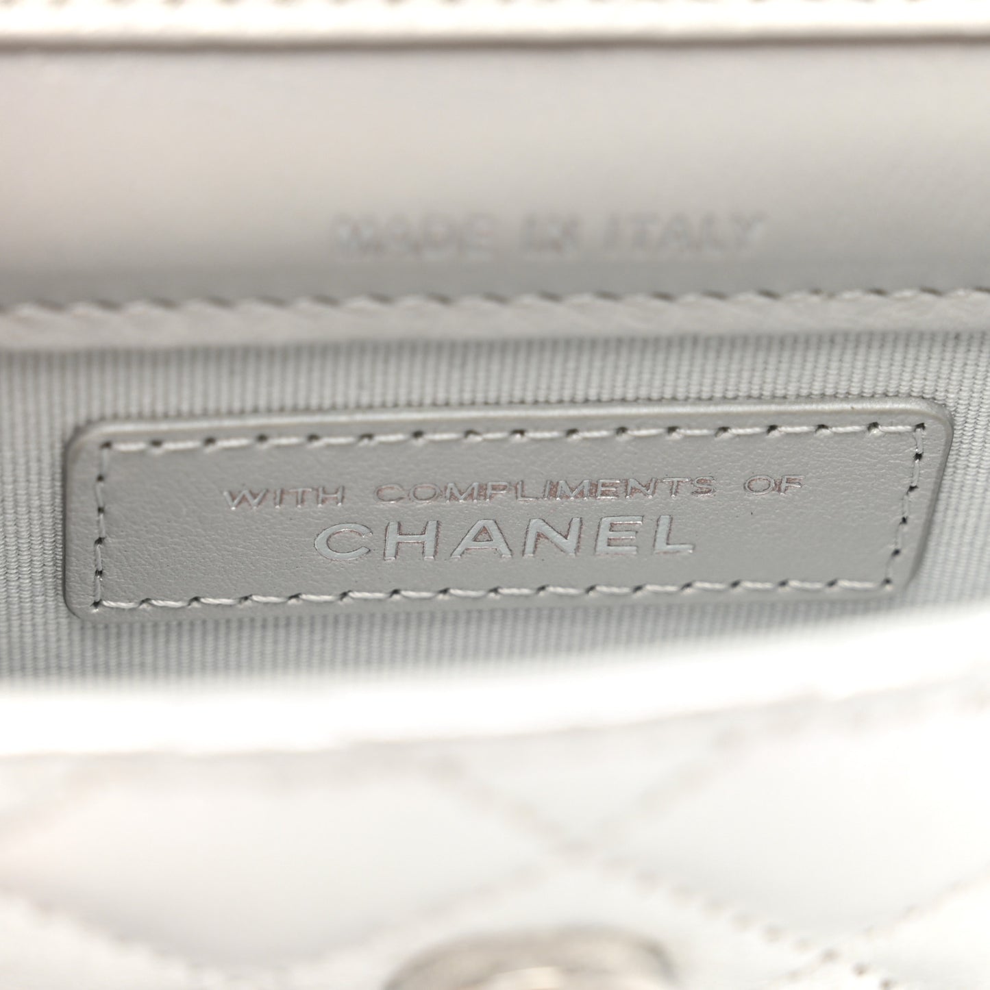 Metallic Goatskin Quilted Crystal CC Walk Of Fame Clutch With Chain Silver