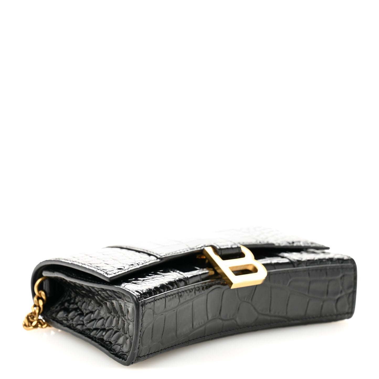 Shiny Calfskin Crocodile Embossed Hourglass Chain Bag Black