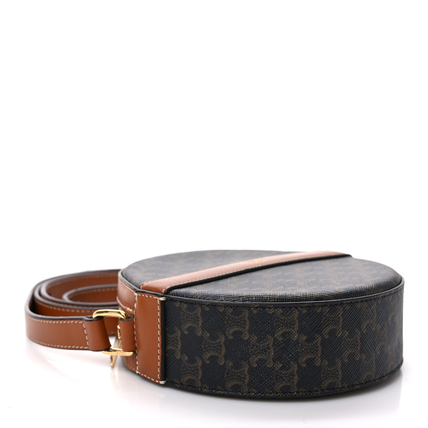 Lambskin Triomphe Canvas Round Purse On Strap Black Tan