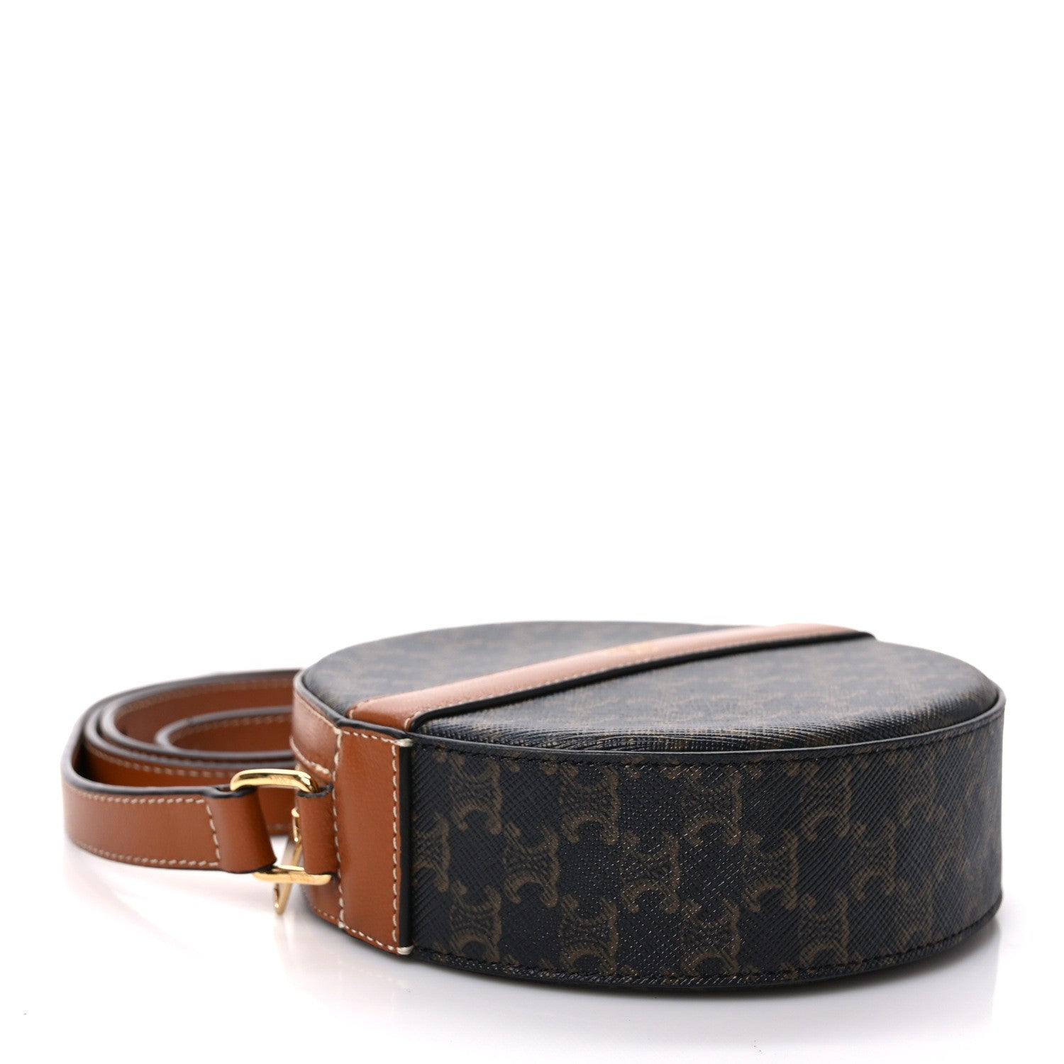 Celine Lambskin Triomphe Canvas Round Purse On Strap Black Tan 4 of 10