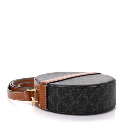 Celine Lambskin Triomphe Canvas Round Purse On Strap Black Tan 4 of 10