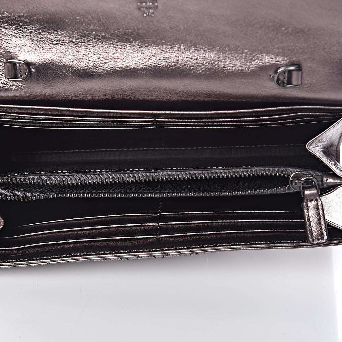 Metallic Calfskin Quilted Wallet On Chain Silver