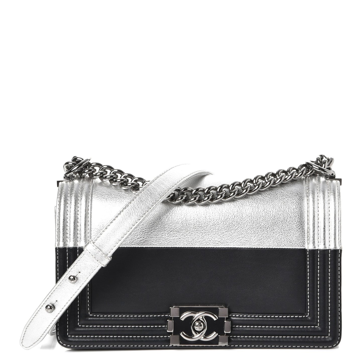 Metallic Goatskin Calfskin Medium Boy Flap Silver Black