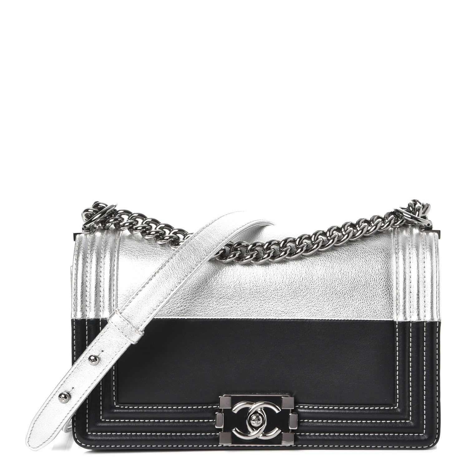 Chanel Metallic Goatskin Calfskin Medium Boy Flap Silver Black 1 of 9