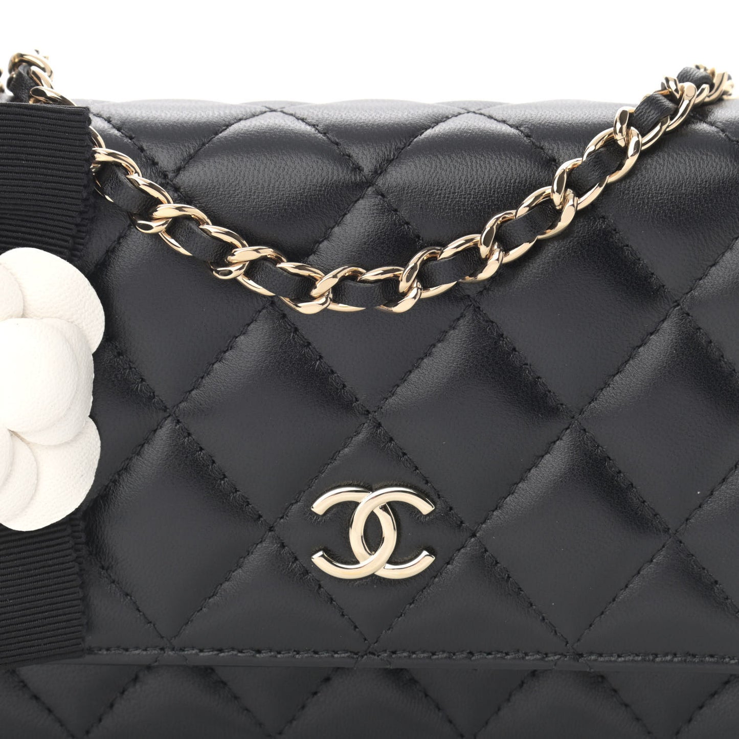 Lambskin Quilted Mini Camellia Bow Wallet On Chain WOC Black