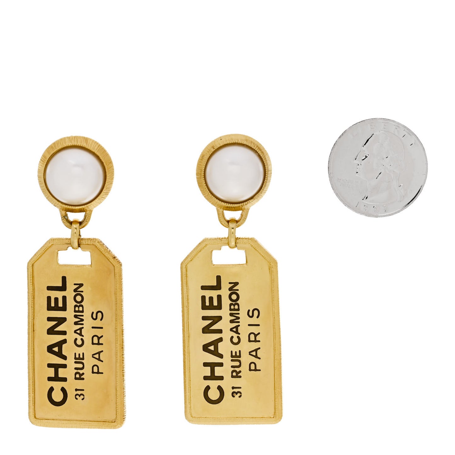 Pearl CC Tags Drop Earrings Gold