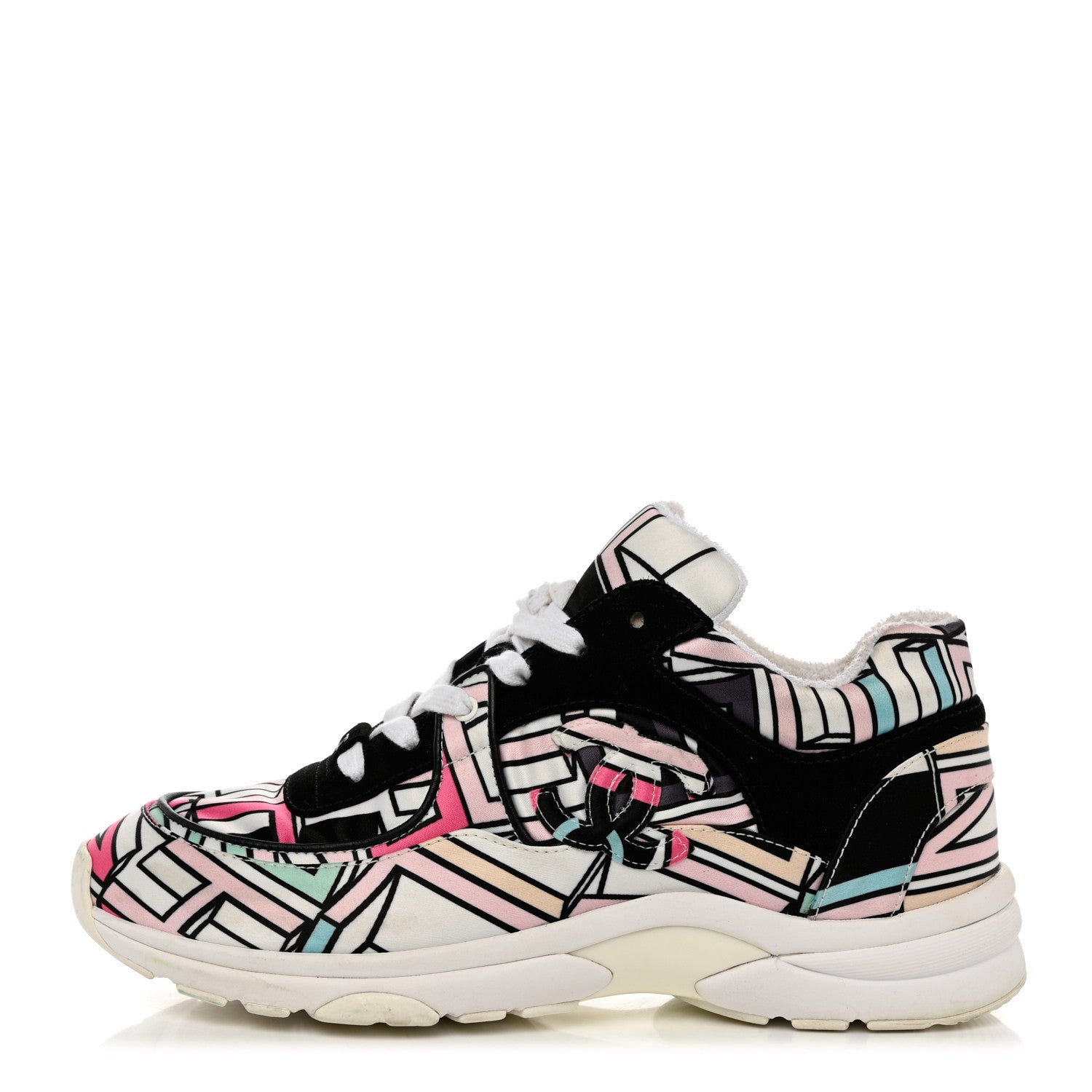 Chanel Suede Calfskin Nylon Geometric Print CC Sneakers 40 White Multicolor 1 of 8