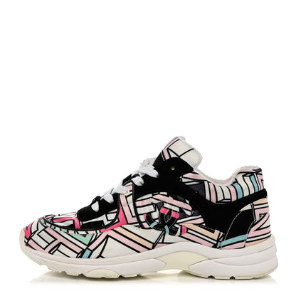 Chanel Suede Calfskin Nylon Geometric Print CC Sneakers 40 White Multicolor 1 of 8