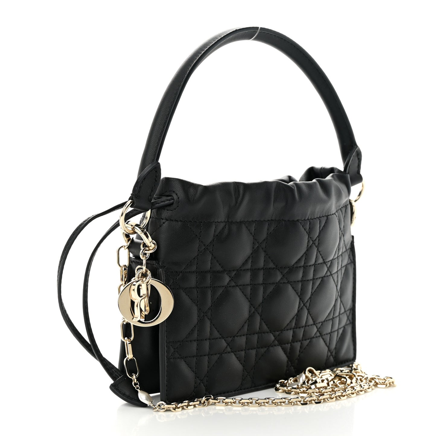 Lambskin Cannage Mini Top Handle Drawstring Bag Black