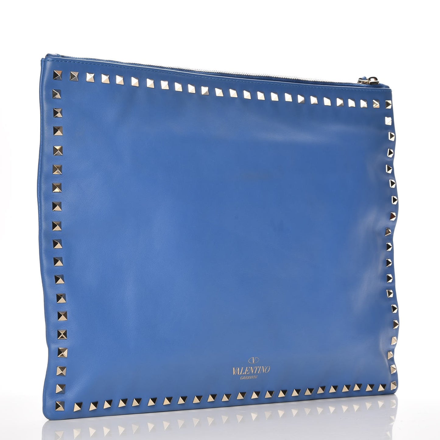 Vitello Oversized Rockstud Zip Wristlet Pouch Light Sapphire