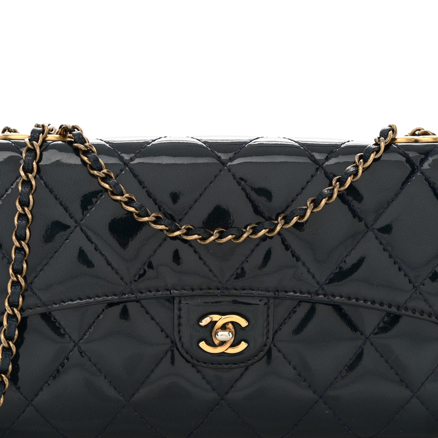 Chanel Patent Goatskin Quilted CC Eyelet Wallet On Chain Dark Blue 10 of 12