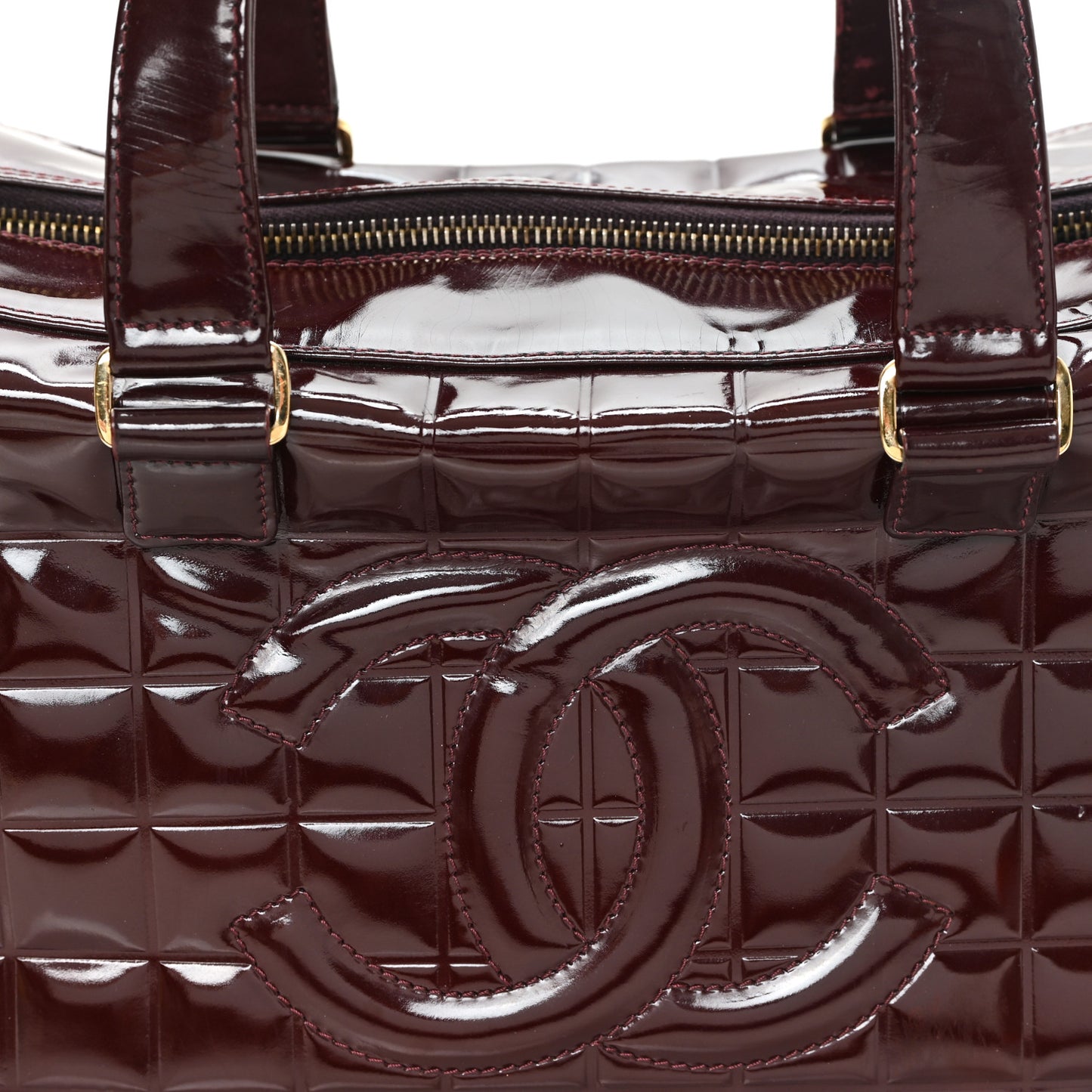 Patent Quilted Chocolate Bar Bowler Burgundy