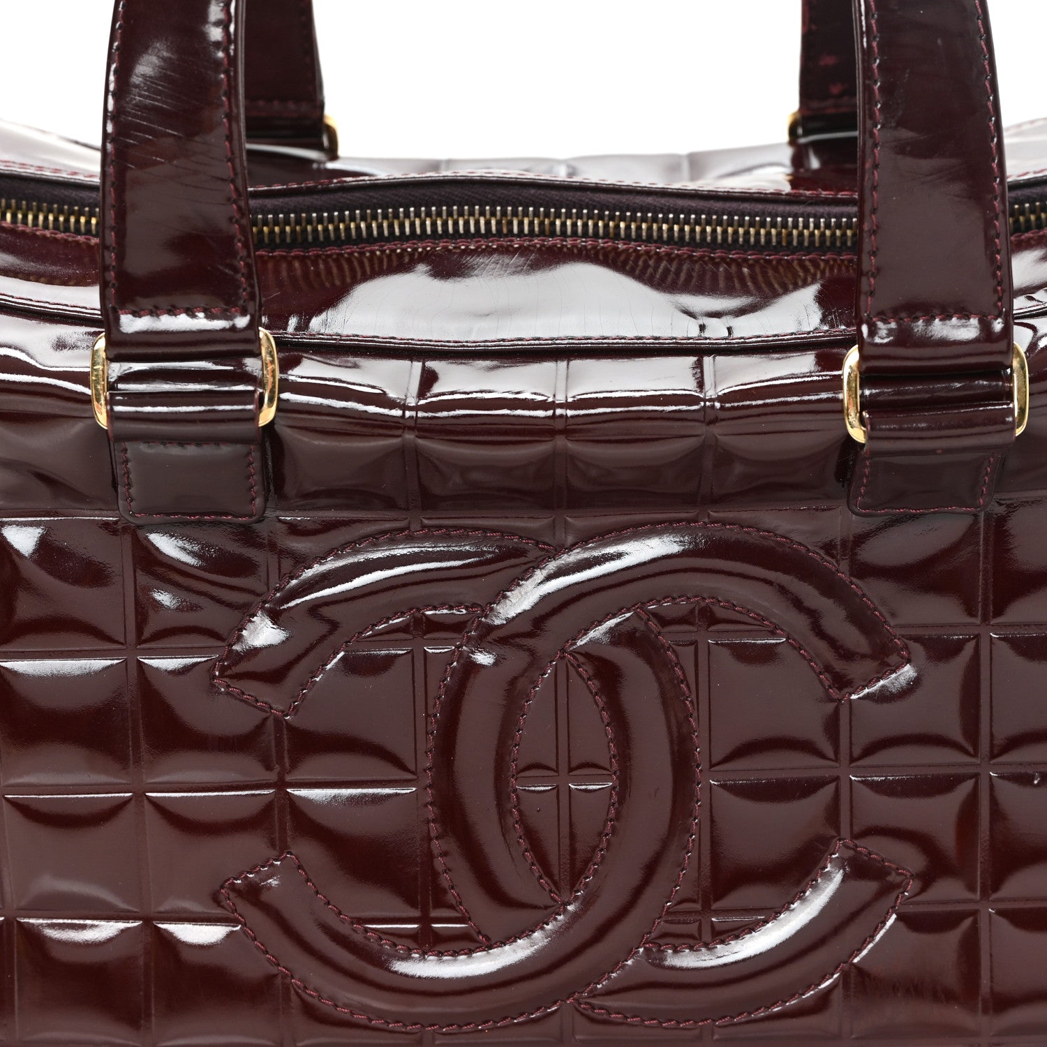 Chanel Patent Quilted Chocolate Bar Bowler Burgundy 8 of 11