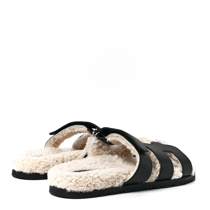 Hermes Calfskin Woolskin Mens Chypre Sandals 41.5 Black Ecru 4 of 8