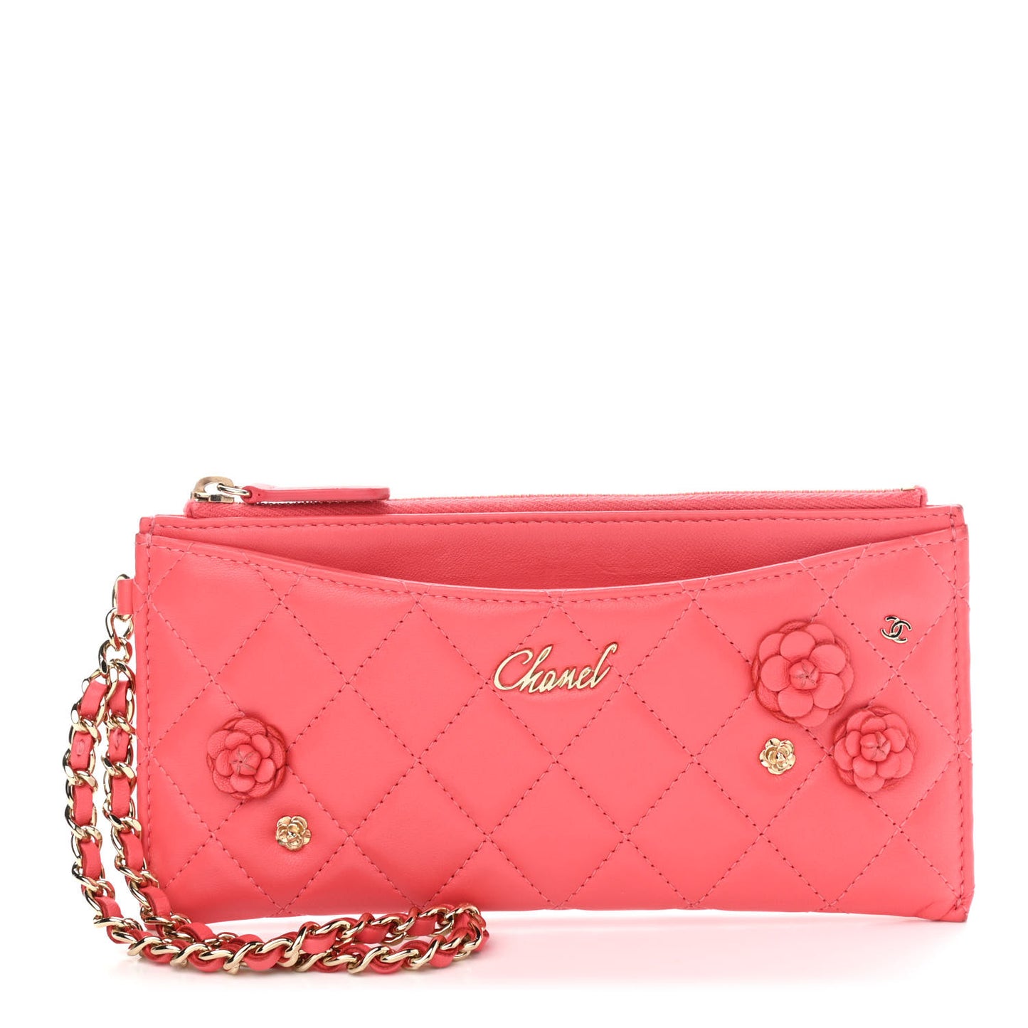 Lambskin Quilted Camellia Pouch With Handle Red