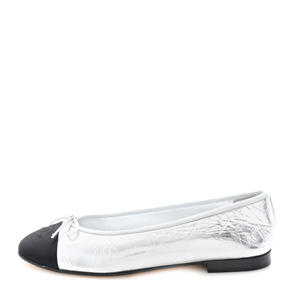 Chanel Laminated Crumpled Lambskin Grosgrain Cap Toe CC Ballerina Flats 41 Silver Black 1 of 11