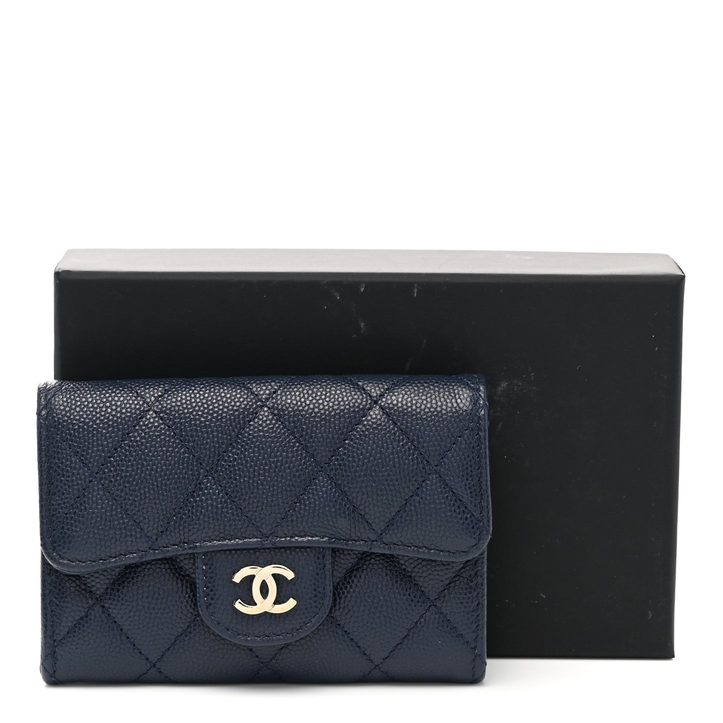 Caviar Quilted Flap Card Holder Wallet Navy