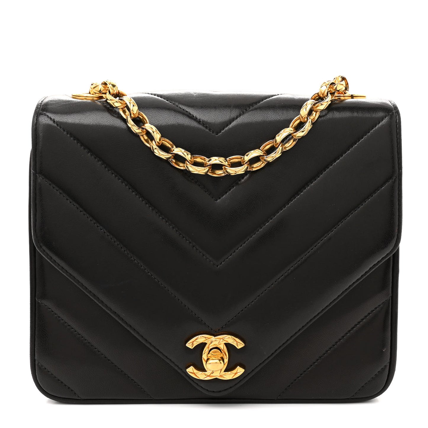 Lambskin Chevron Quilted Mini Square Flap Black