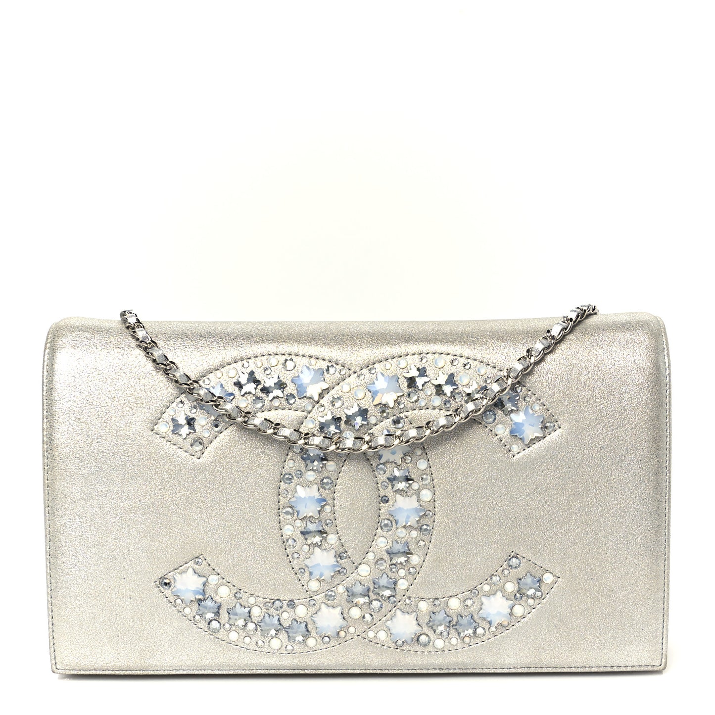 Metallic Goatskin Strass CC Clutch With Chain Silver