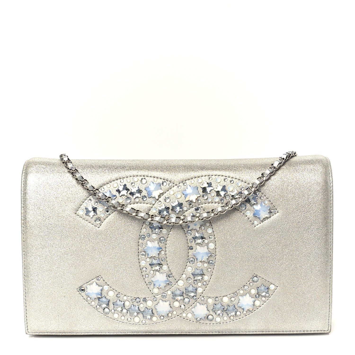 Chanel Metallic Goatskin Strass CC Clutch With Chain Silver 1 of 9