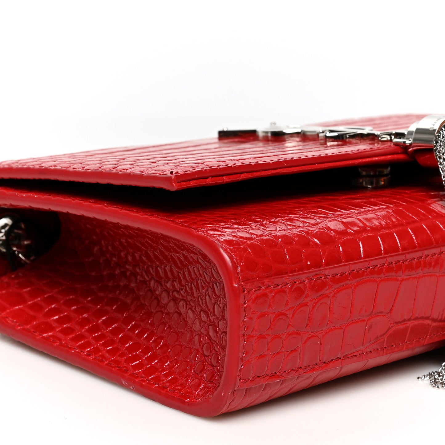Calfskin Crocodile Embossed Medium Classic Monogram Kate Tassel Satchel Red