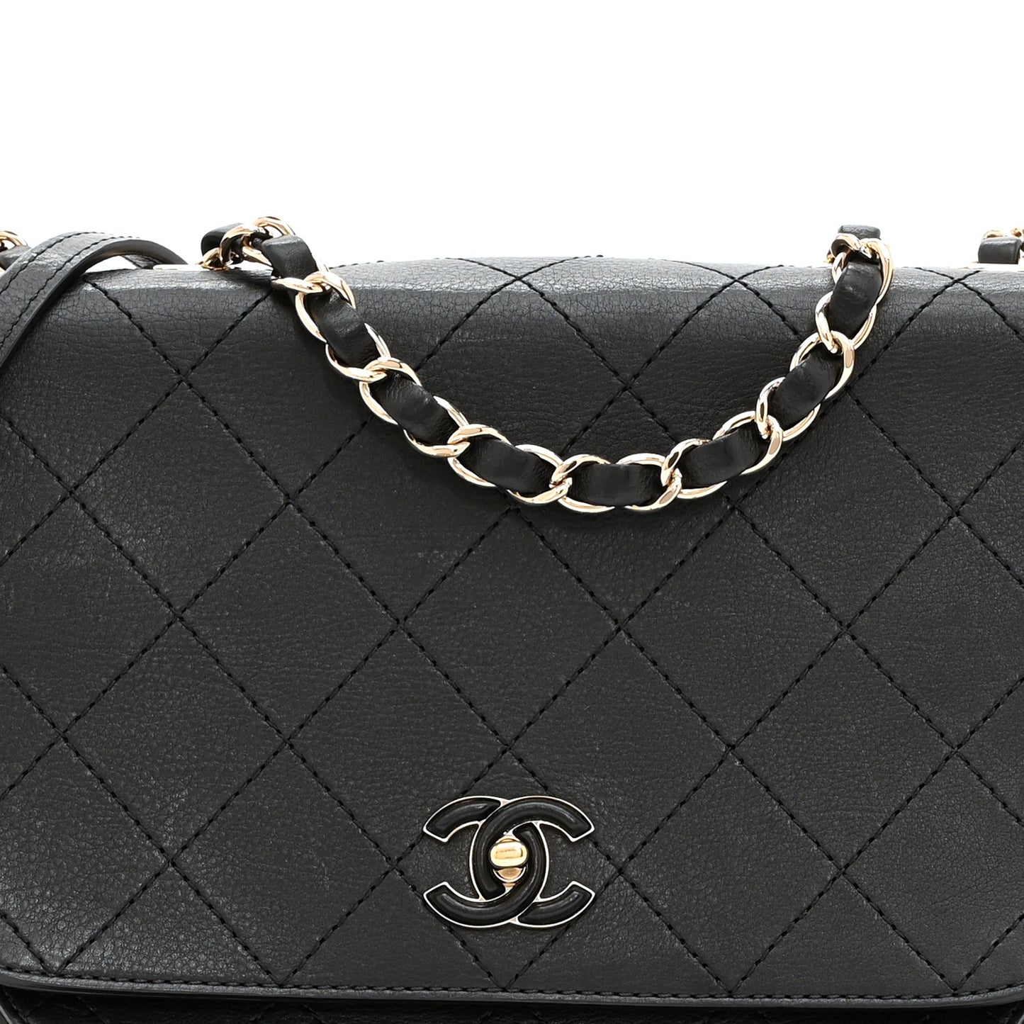 Calfskin Stitched Medium Covered CC Flap Bag Black