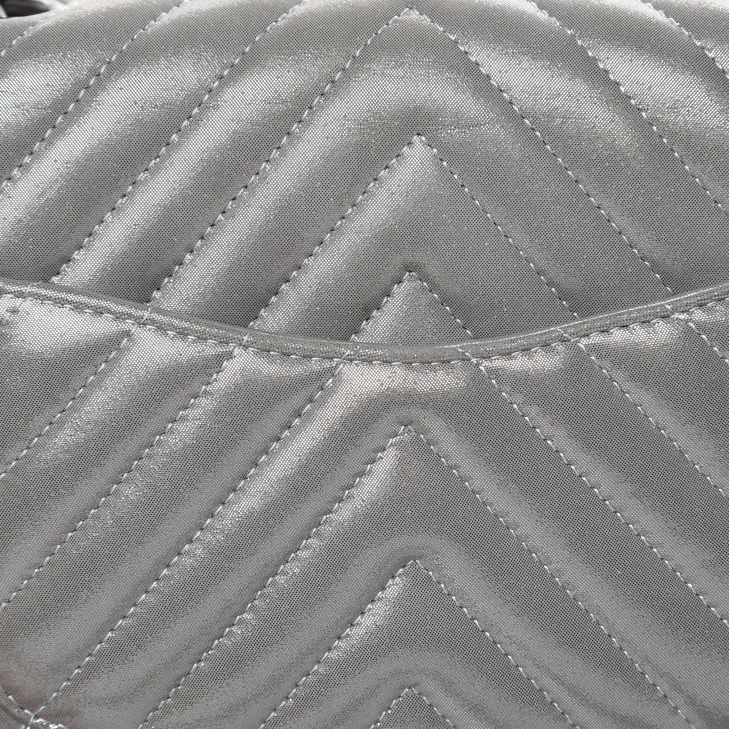 Iridescent Calfskin Chevron Quilted Mini Square Flap Silver