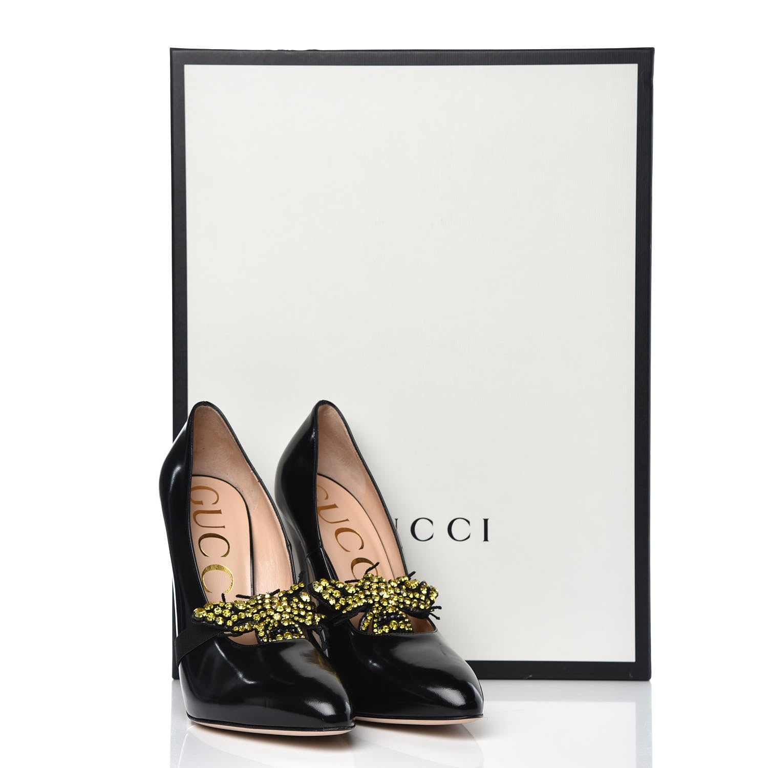 Gucci Polished Calfskin Removable Bee Elaisa Platform High Heel Pumps 39.5 Black 9 of 9