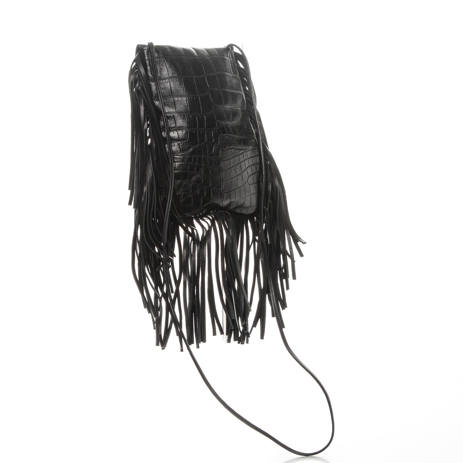 Saint Laurent Calfskin Crocodile Embossed Anita Tassed Crossbody Bag Black 3 of 6