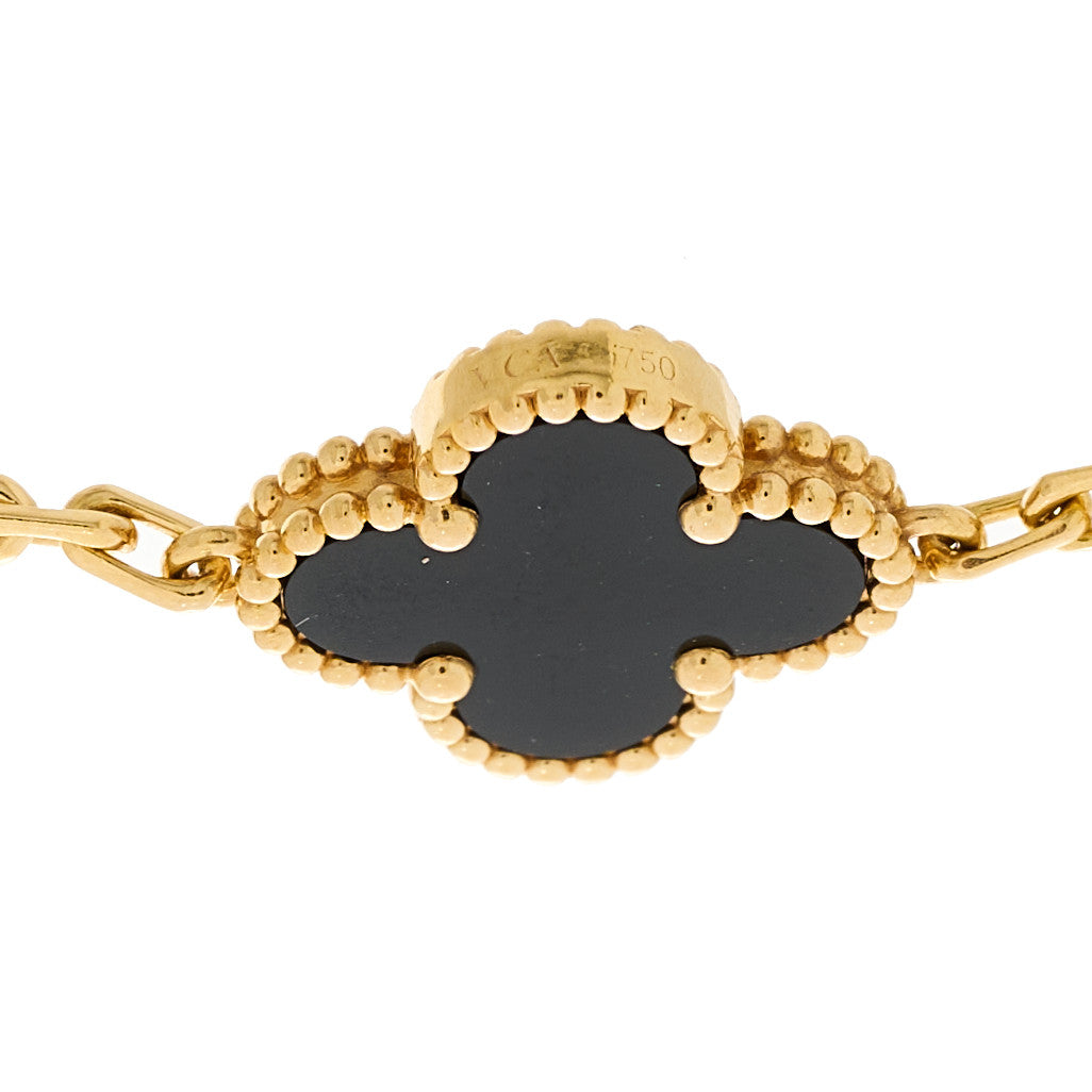 18K Yellow Gold Black Onyx 5 Motifs Vintage Alhambra Bracelet