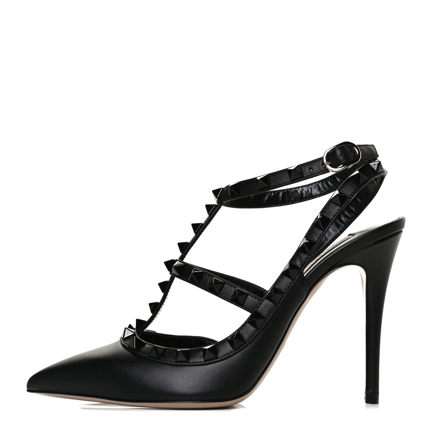 Calfskin Lacquered Monochrome Rockstud Ankle Strap 100mm Pumps 36.5 Black