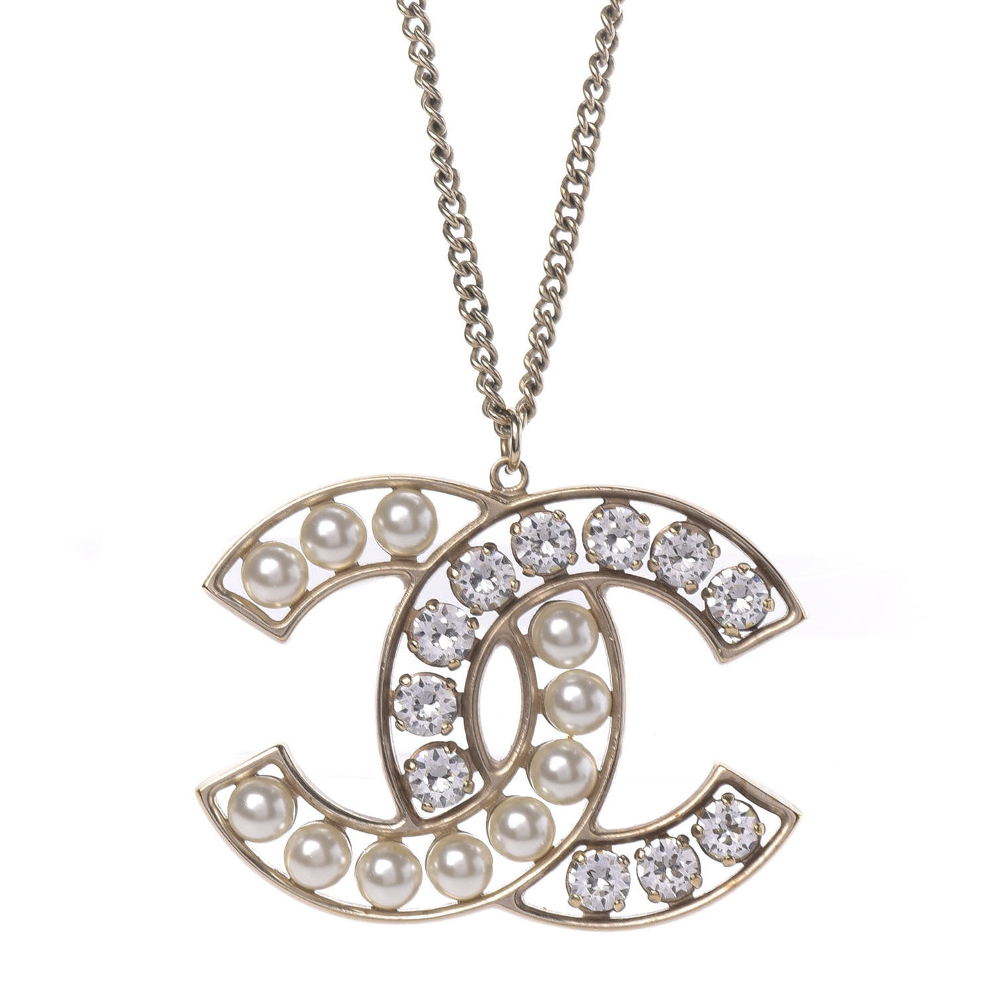 Crystal Pearl CC Pendant Necklace Gold