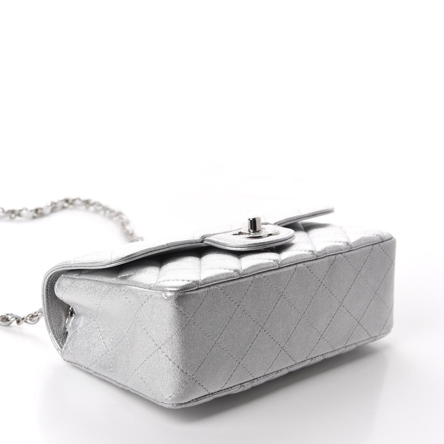 Metallic Lambskin Quilted Mini Rectangular Flap Silver