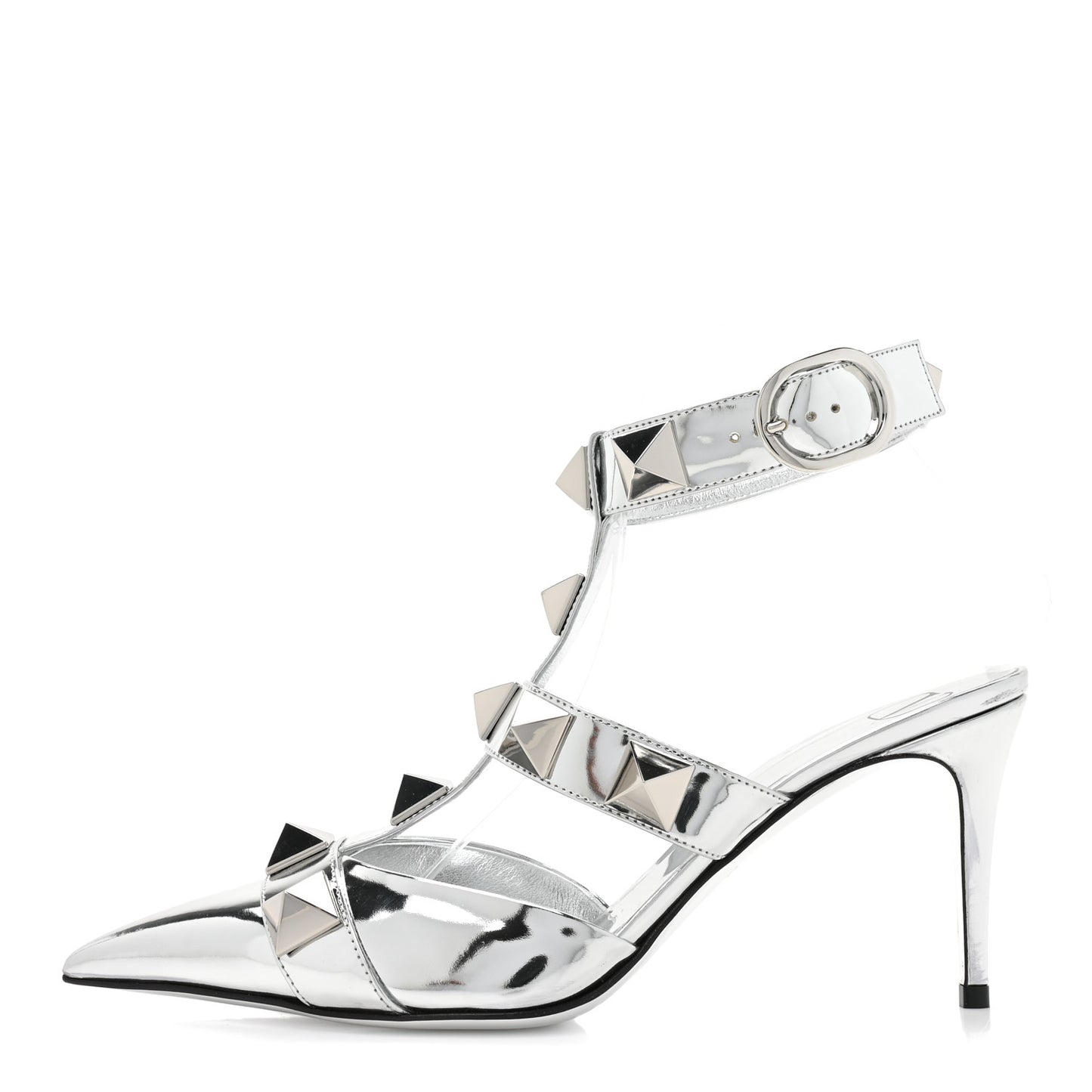 Calfskin Monochrome Roman Stud Ankle Strap 80mm Pumps 38 Silver