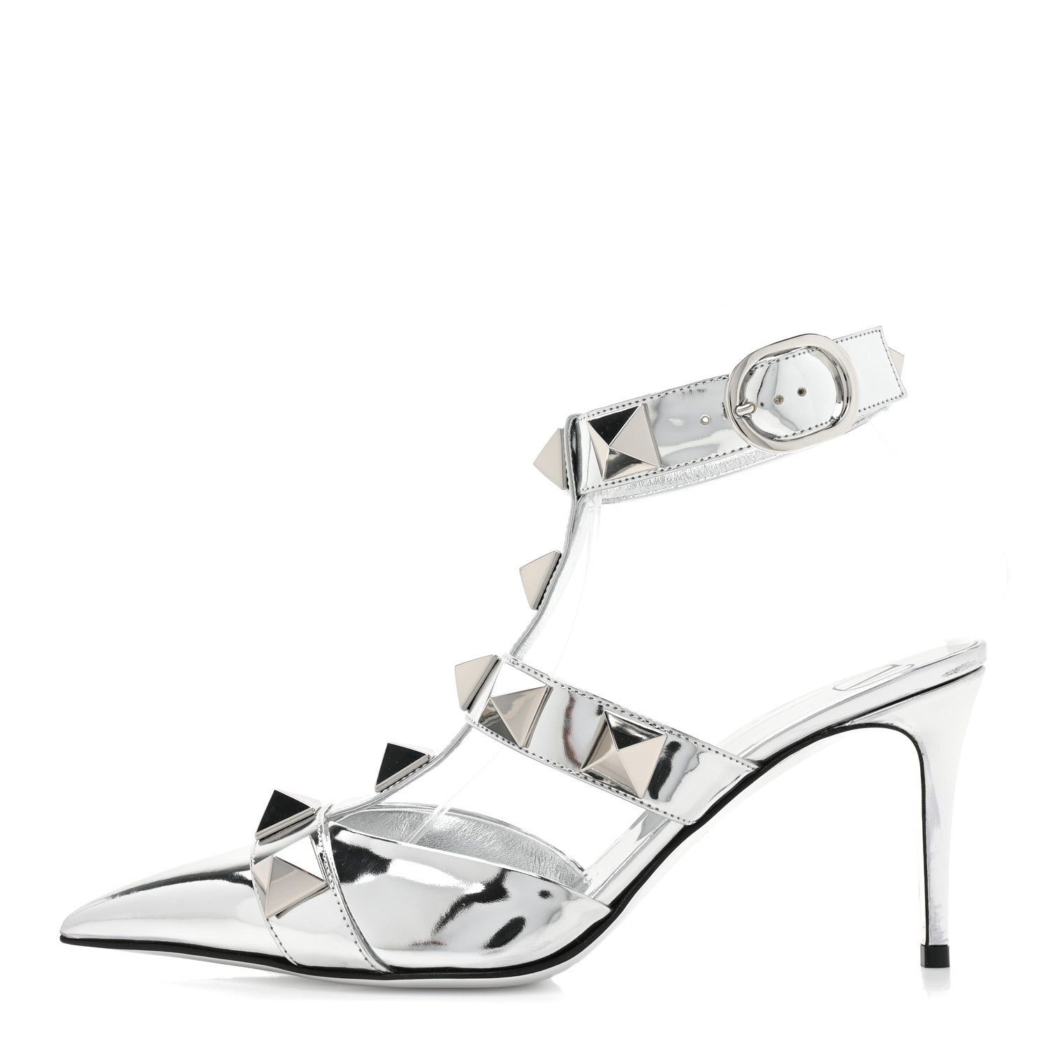 Valentino Garavani Calfskin Monochrome Roman Stud Ankle Strap 80mm Pumps 38 Silver 1 of 10