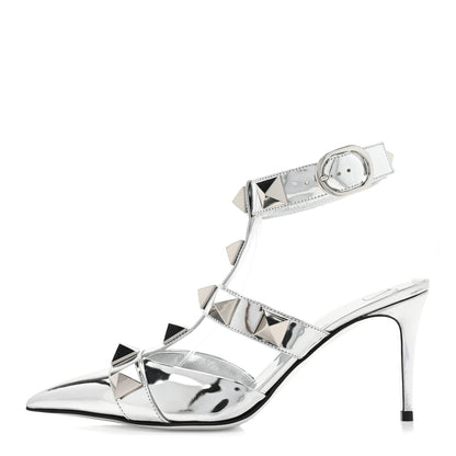Valentino Garavani Calfskin Monochrome Roman Stud Ankle Strap 80mm Pumps 38 Silver 1 of 10