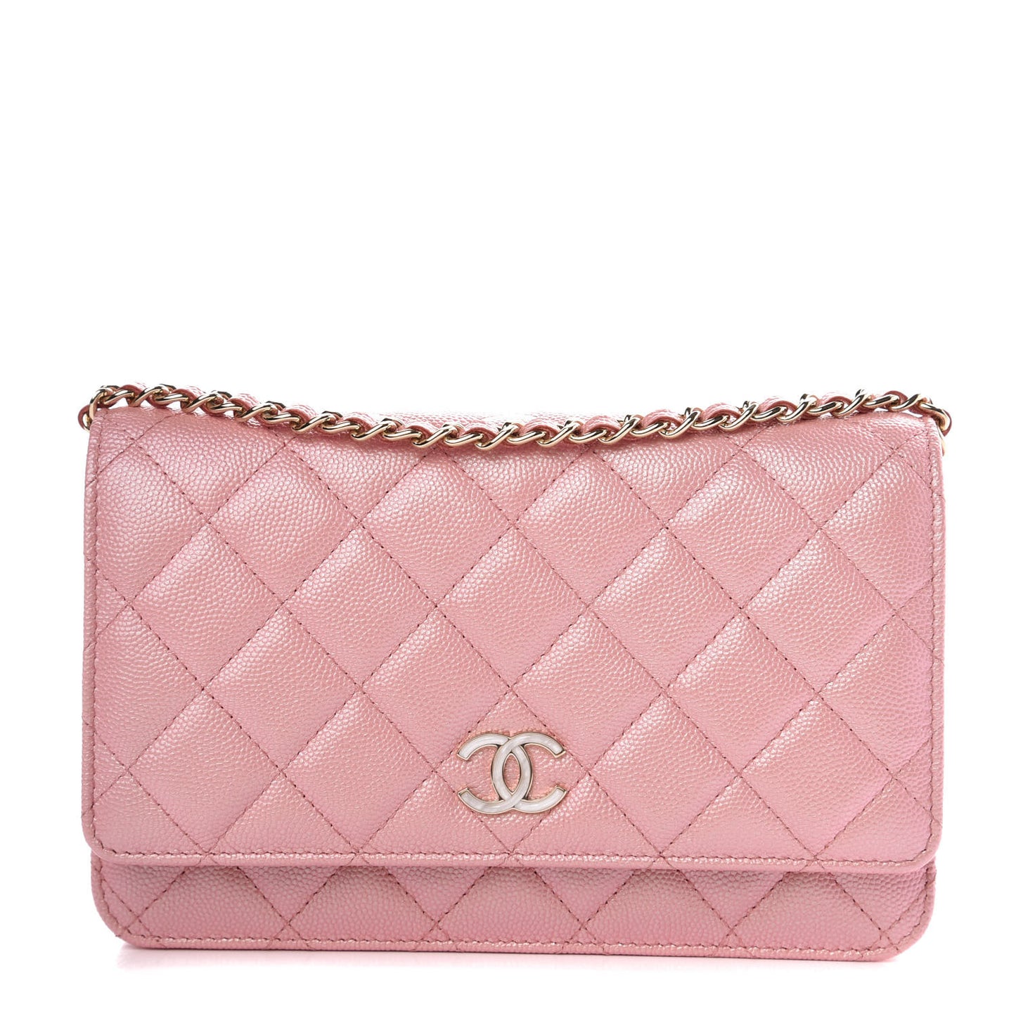 Iridescent Caviar Quilted Wallet on Chain WOC Rose Pink