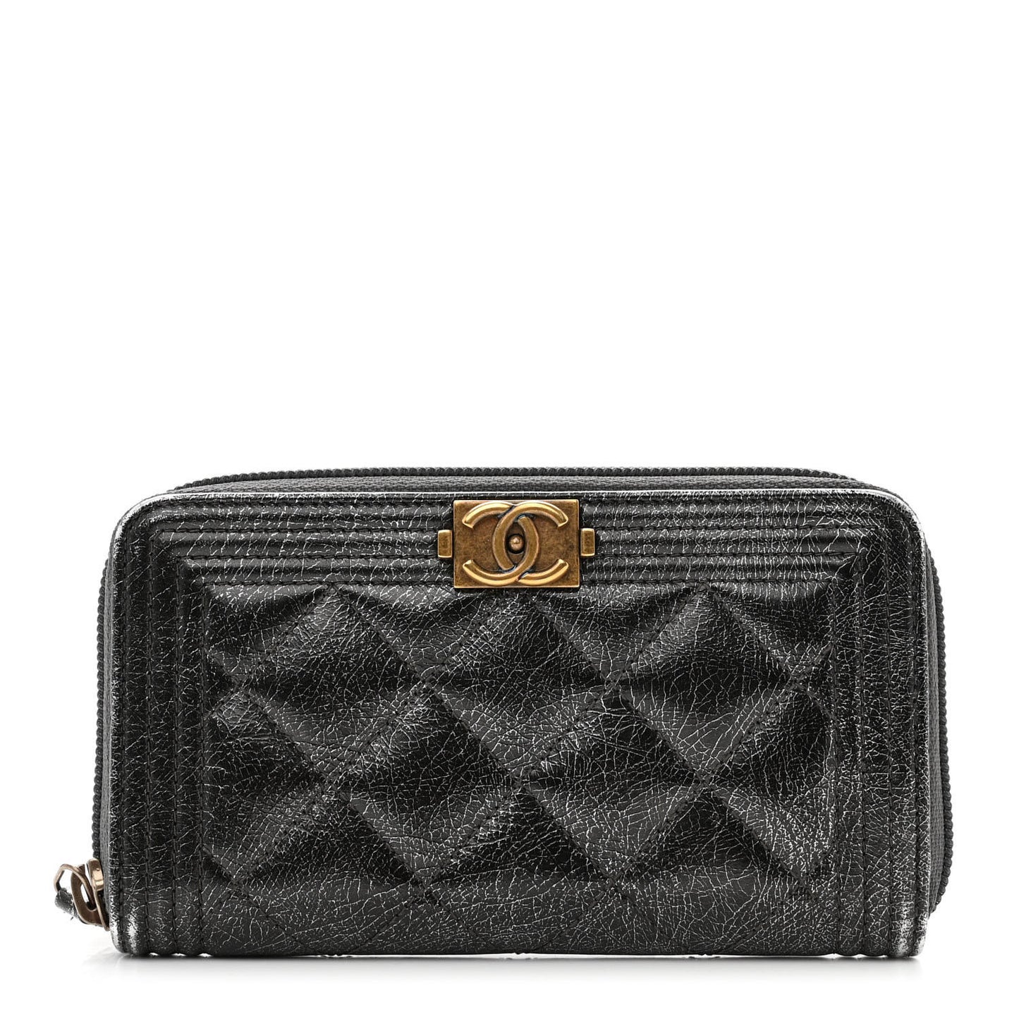 Cracked Metallic Calfskin Quilted Medium Boy Zip Around Wallet Dark Silver