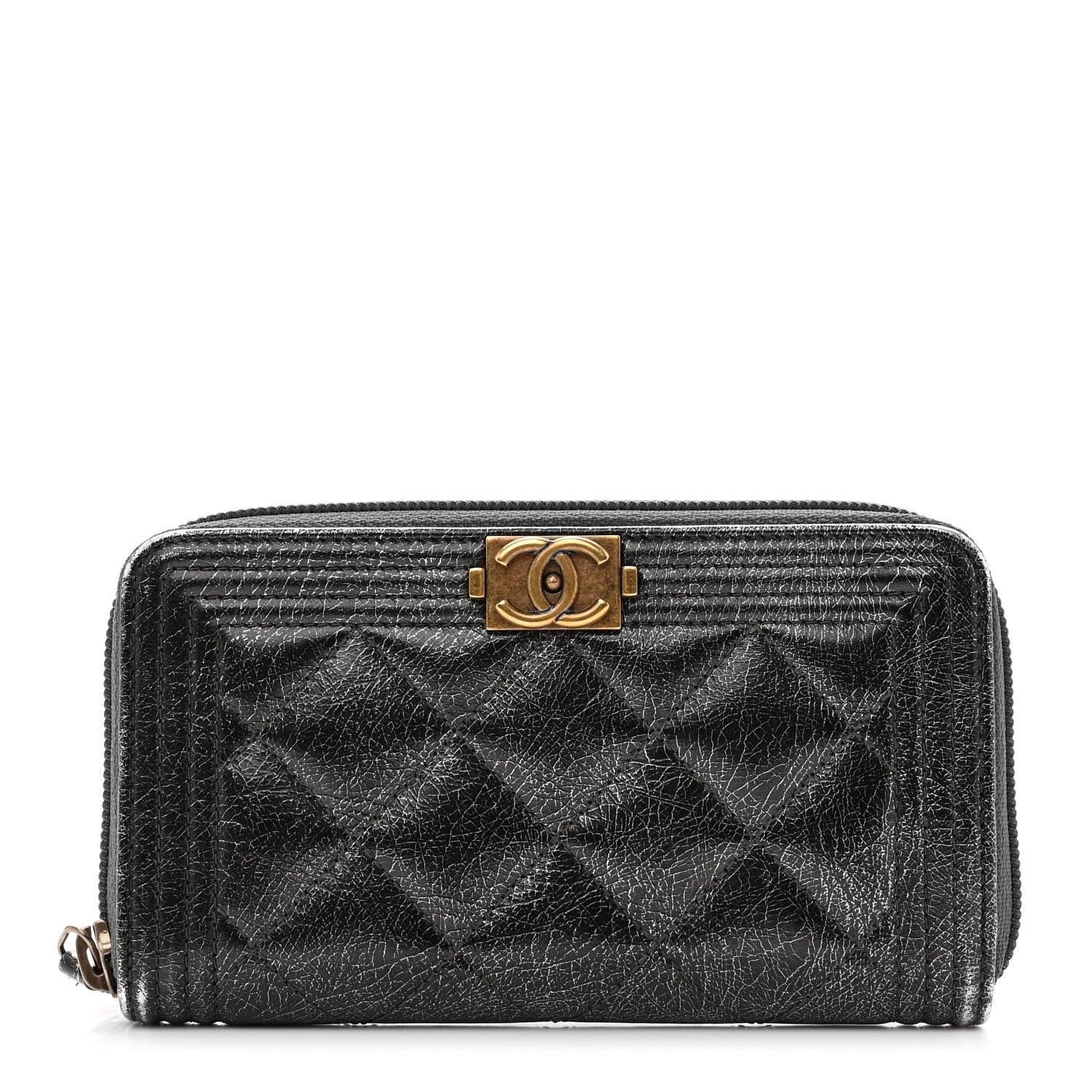 Chanel Cracked Metallic Calfskin Quilted Medium Boy Zip Around Wallet Dark Silver 1 of 9