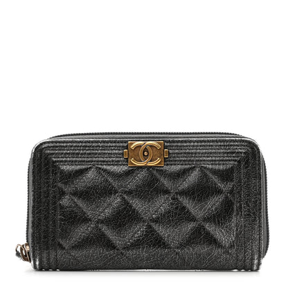 Chanel Cracked Metallic Calfskin Quilted Medium Boy Zip Around Wallet Dark Silver 1 of 9