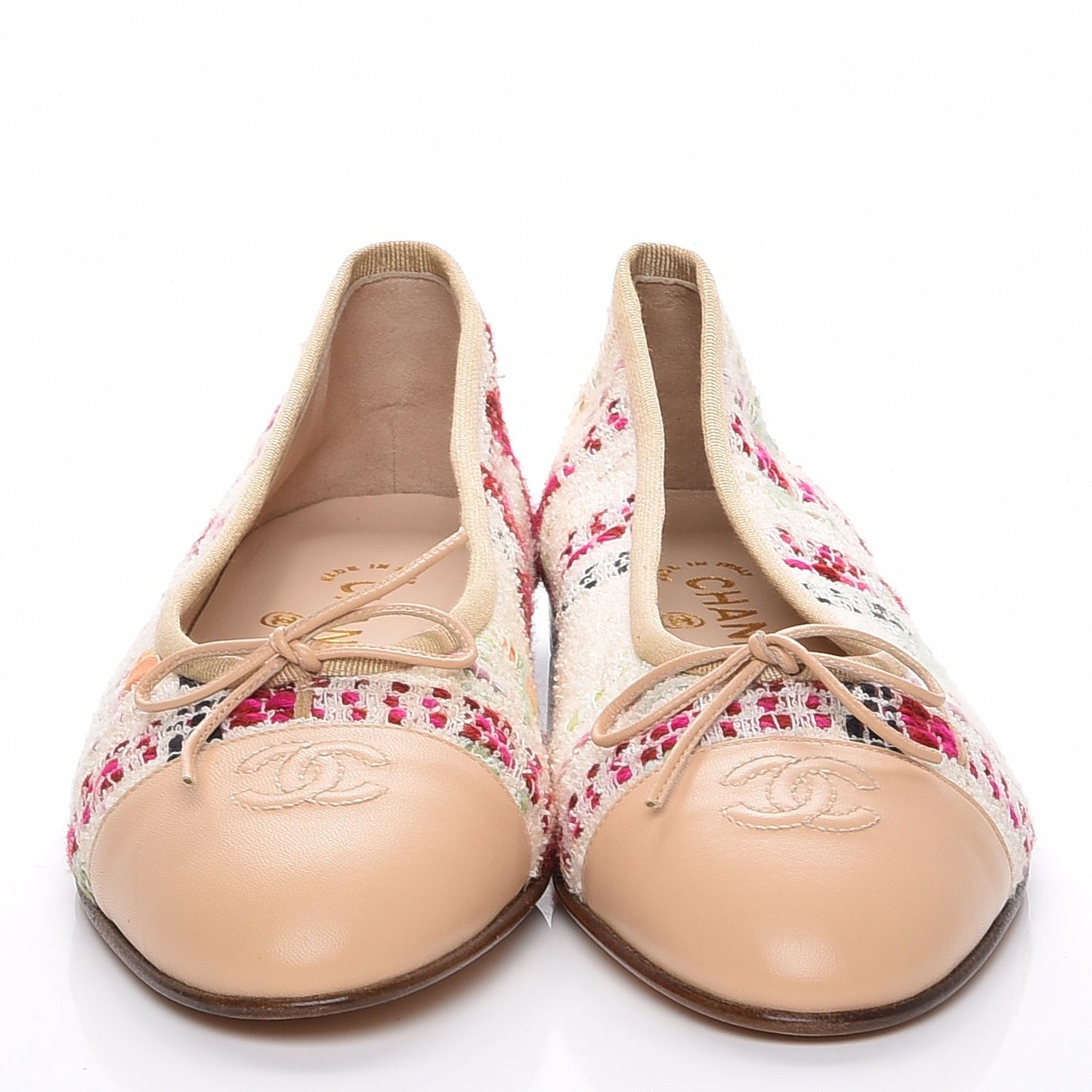 Tweed Calfskin Cap Toe Ballerina Flats 39.5 Beige Multicolor