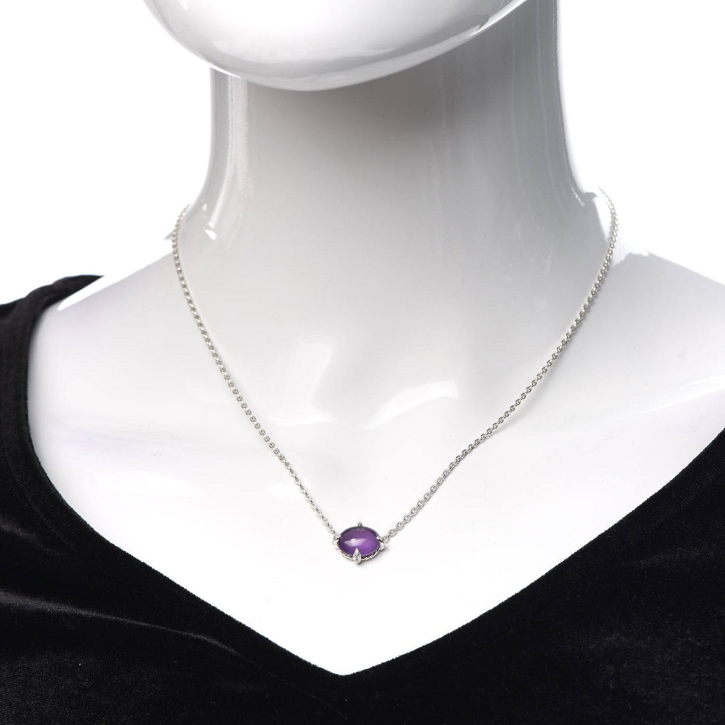 Sterling Silver Diamond Amethyst Oval Chatelaine Pendant Necklace