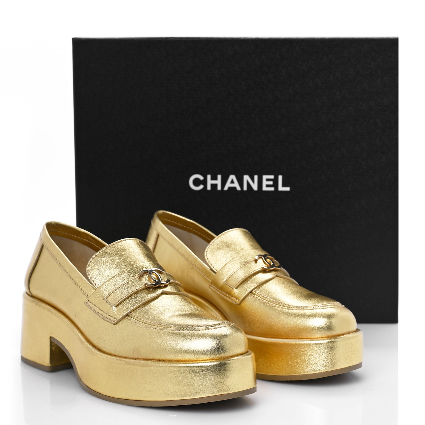 Laminated Calfskin CC Platform Loafers 37.5 Golden