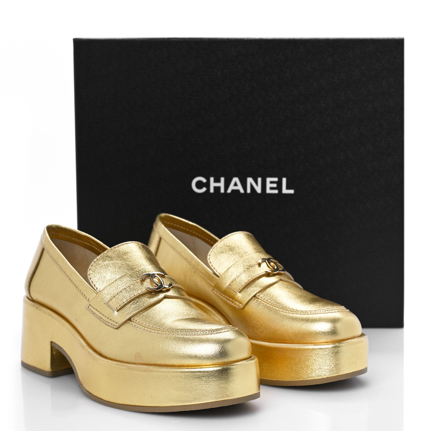Chanel Laminated Calfskin CC Platform Loafers 37.5 Golden 10 of 10