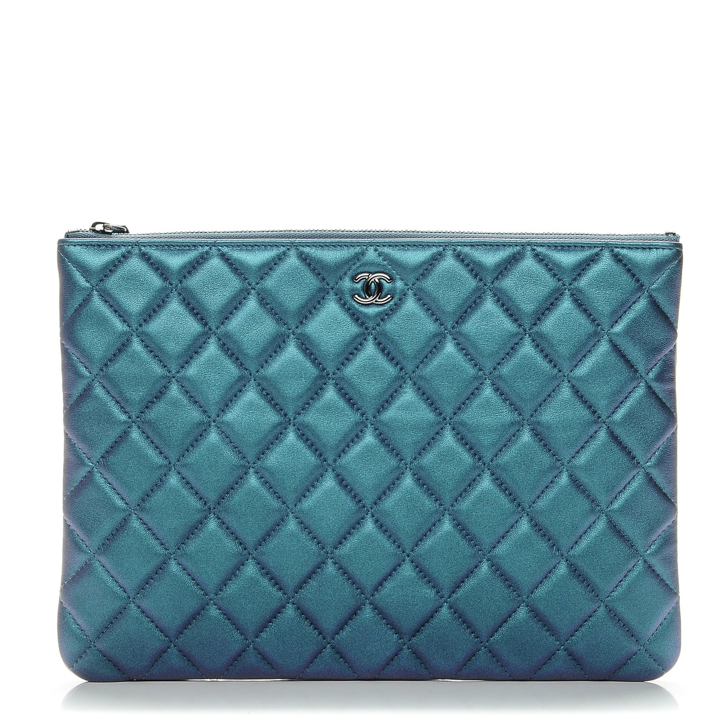Iridescent Lambskin Quilted Medium Cosmetic Case Turquoise