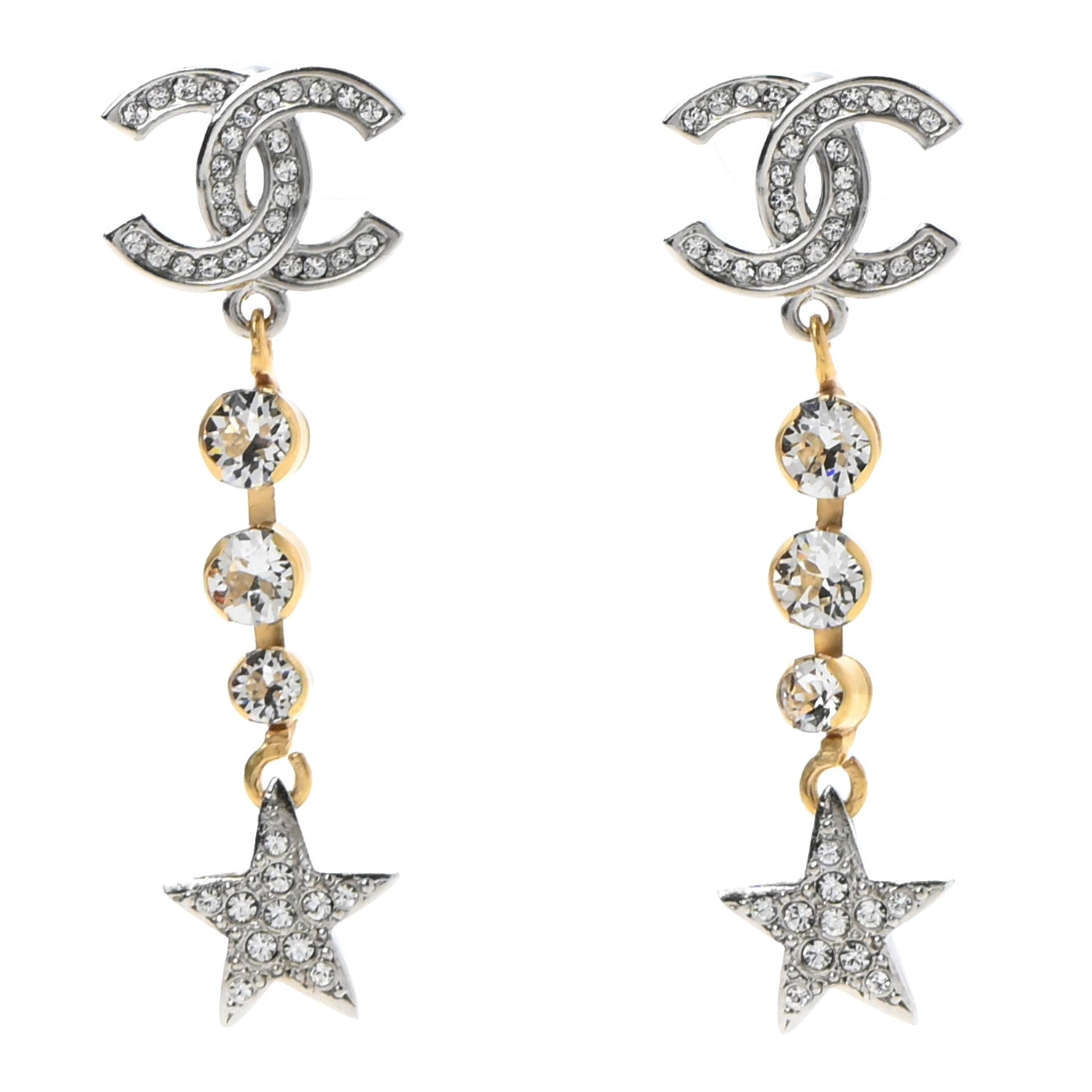 Chanel Crystal Star Drop CC Earrings Silver Gold 1 of 5