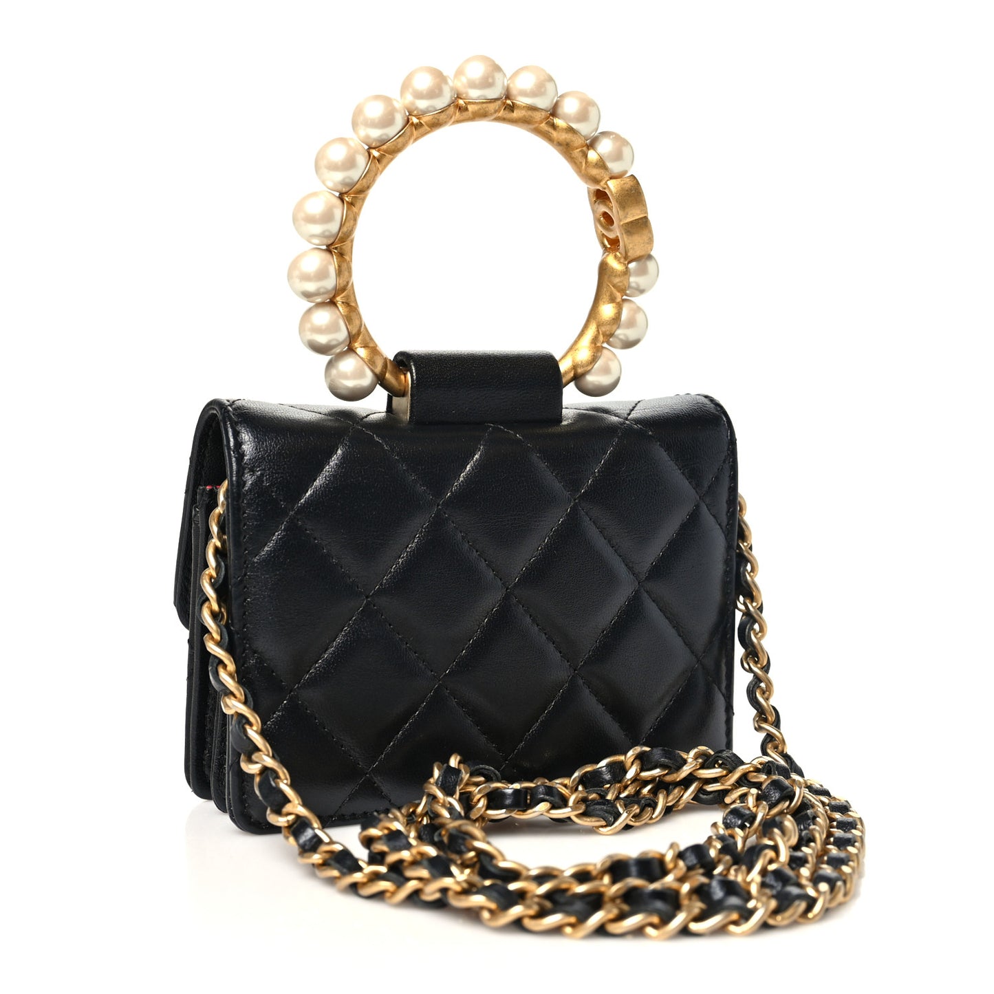 Lambskin Quilted Pearl Crown Clutch With Chain Black