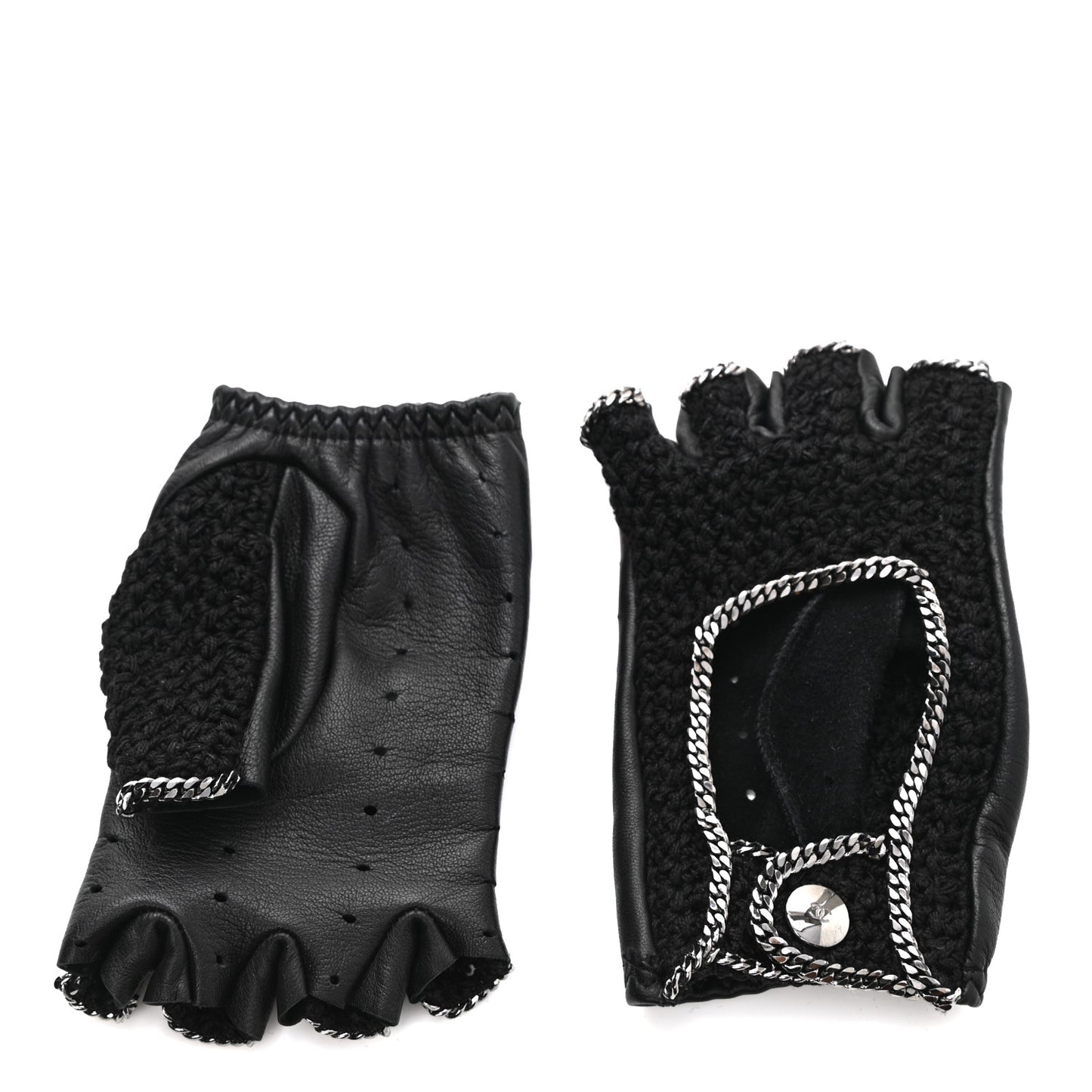 Lambskin Crochet Chain CC Fingerless Gloves 7 Black
