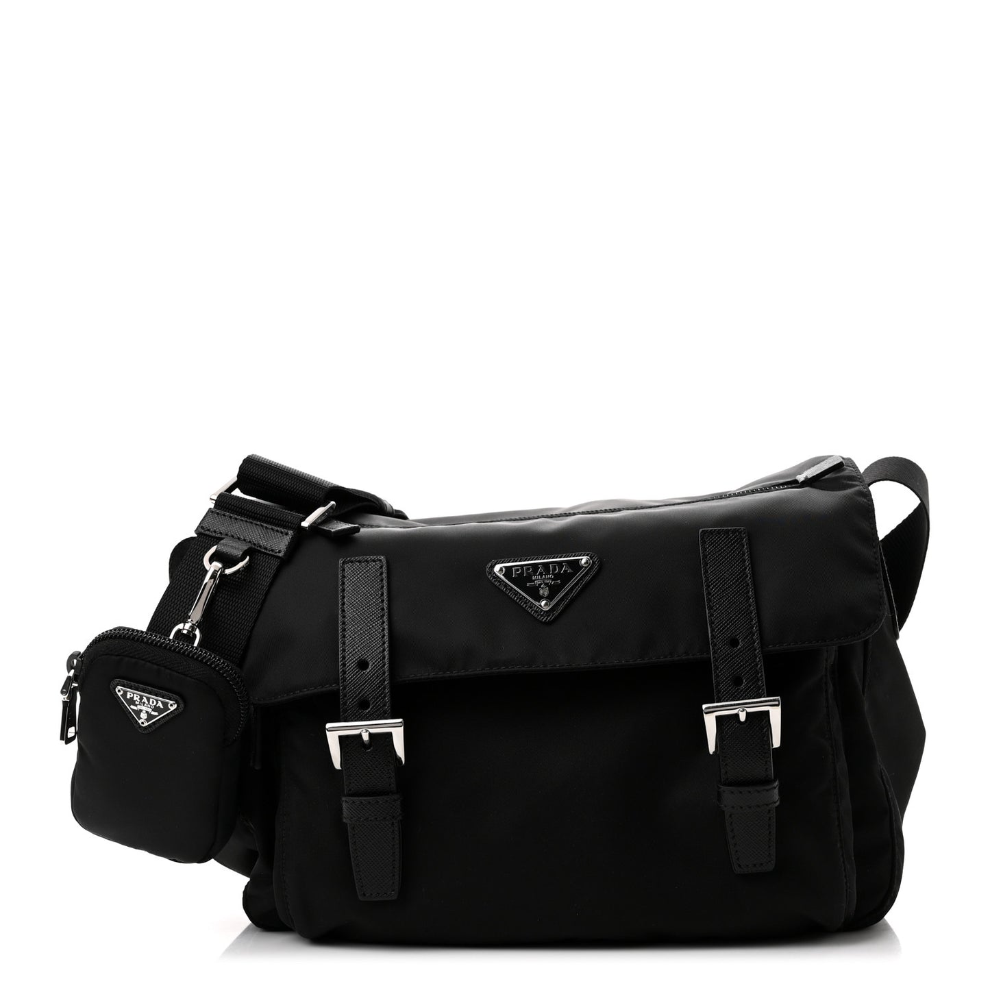 Re-Nylon Vela Saffiano Pocket Double Buckle Messenger Shoulder Bag Black
