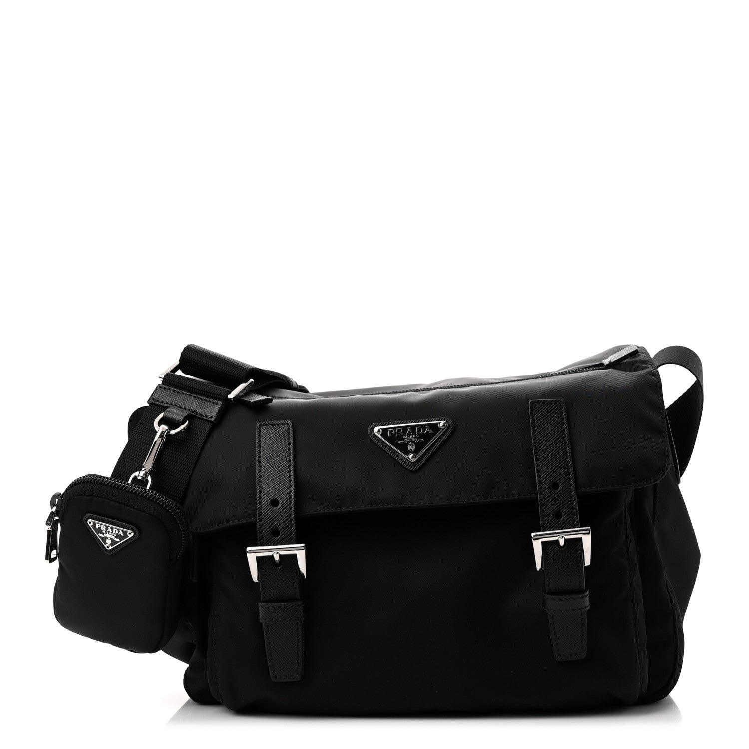 Prada Re-Nylon Vela Saffiano Pocket Double Buckle Messenger Shoulder Bag Black 1 of 8